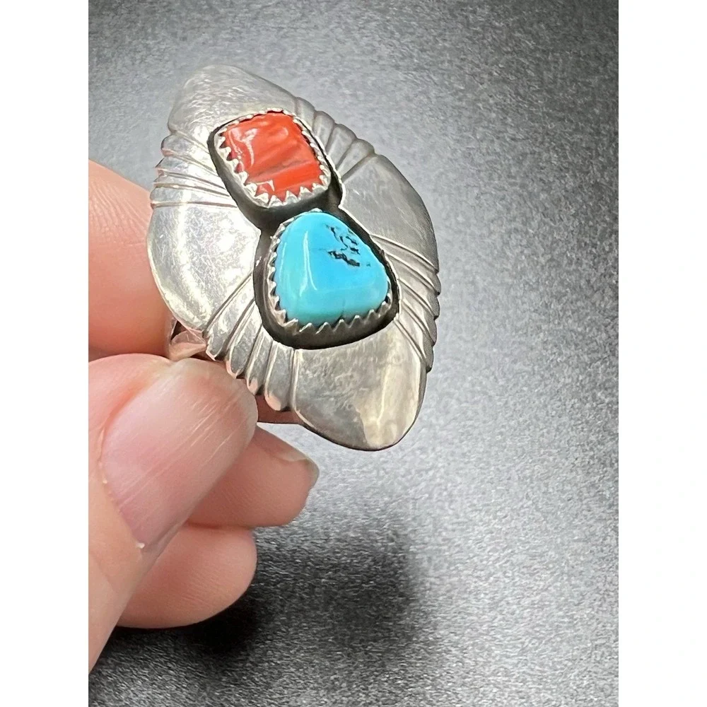 Vintage‎ Native American Navajo Turquoise And Coral Silver Ring Signed S Dickens